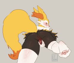 alue alue_nsfw blush braixen furry furry_ears furry_tail paws pokemon pokemon_(species) pussy showing_ass showing_pussy smirk smirking smirking_at_viewer yellow_fur yellow_tail