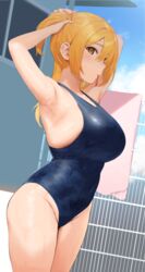 adjusting_hair armpits arms_up bangs bare_arms bare_shoulders blonde_hair blue_swimsuit blush breasts closed_mouth covered_navel cowboy_shot day dutch_angle eyebrows_visible_through_hair female fence from_side groin hair_between_eyes hair_tie_in_mouth highres large_breasts legs_together long_hair looking_at_viewer mouth_hold nekoshoko one-piece_swimsuit open_mouth orange_eyes orange_hair original outdoors profile solo standing swimsuit thighs towel tying_hair wet wet_clothes wet_swimsuit