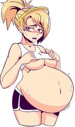 1girls belly big_belly blizzard_entertainment blonde_hair blue_eyes blush breasts drool female female_only huge_belly mercy nipples overwatch pregnant ready_to_pop solo strangerboy420 sweat underboob video_games