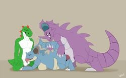 anthro crossover fellatio female group group_sex luca male male/female mario_(series) nidoking nidoqueen nintendo oral penile pokemon pokemon_(species) sex simple_background spitroast threesome tongue tongue_out video_games yoshi