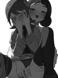 2girls blush capcom censored closed_eyes clothing covering_face double_bun embarrassed female_only fingering fingering_from_behind greyscale highres jasmine_orihime mayl_sakurai mega_man mega_man_battle_network mega_man_nt_warrior monochrome multiple_girls panties panties_aside rockman rockman_exe sakurai_meiru short_hair smile stockings sweat u-doku vaginal_penetration yuri