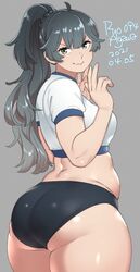 2021 artist_name ass belly black_hair bloomers breasts buruma chubby commentary dated english_commentary female from_behind grey_background gym_uniform huge_ass long_hair looking_at_viewer looking_back original plump ryo_agawa signature simple_background smile smirk solo thick_thighs thighs thunder_thighs wide_hips