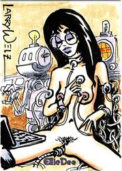 1girls 1robot artist_signature black_hair character_name cherry_poptart_(comic) electrodes ellie_dee female_masturbation glasses hairy hairy_pussy laptop larry_welz lightbulb machine machinery masturbation nipples object_in_pussy object_insertion pubic_hair purple_eyeshadow purple_lips robot round_glasses skinny skinny_female small_breasts solo straight_hair tagme uncensored unshaved_pussy vaginal_insertion vaginal_masturbation vibrator wire wires