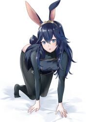 1girls all_fours ameno_(a_meno0) animal_ears ass bed_sheet blue_eyes blue_hair breasts feet female female_only fire_emblem fire_emblem_awakening hair_between_eyes long_hair long_sleeves looking_at_viewer lucina_(fire_emblem) nintendo open_mouth pantyhose pelvic_curtain rabbit_ears rabbit_girl rabbit_tail small_breasts solo sweater symbol-shaped_pupils tail tiara white_background