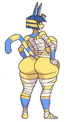 animal_crossing ankha anthro ass bandages big_breasts big_butt blue_hair bracelets breasts egyptian female hair hand_on_hip hi_res huge_ass huge_breasts looking_at_viewer looking_back nintendo robotjoe simple_background solo standing thick_thighs thighs video_games yellow_fur