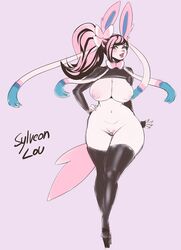 anthro anthrofied big_breasts blush breasts clothing curvy_figure eeveelution female hair how_my_gardevoir_became_a_porn_star! legwear lou_lacroix nintendo nipples pink_hair pokémon_(species) pokemon pussy reverse_bunny_costume solo sylveon thekite thigh_highs video_games voluptuous