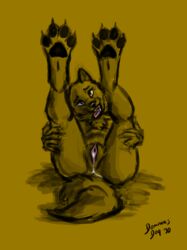 2020 4_toes anthro ass biped black_nose bodily_fluids canid canine chest_tuft digital_media_(artwork) digitigrade dominoesdog feet female fingers fur genital_fluids genitals hi_res hindpaw leaking leaking_pussy looking_at_viewer lying mammal nude on_back open_mouth paws pink_pussy presenting presenting_hindquarters presenting_pussy pussy simple_background solo spread_legs spreading teeth toes tongue tongue_out tuft