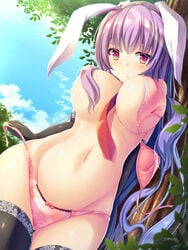 1girls :o animal_ears between_breasts blush bow_panties bra bra_pull breasts bunny_ears bunny_girl cowboy_shot elbow_gloves eyebrows_visible_through_hair female female_only kemonomimi large_breasts liya long_hair looking_at_viewer navel outdoors outside panties panty_pull pink_panties pulled_by_self purple_hair red_eyes reisen_udongein_inaba seductive shiny_skin standing thighhighs tie touhou tree underwear underwear_only very_long_hair