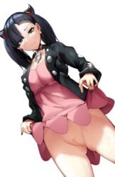 1girls ass black_hair blue_eyes creative_censorship looking_down marnie_(pokemon) morpeko nintendo pokemon pokemon_ss sha_(amfil100) skirt_lift tagme wet white_background