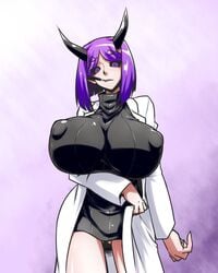 female horns kuro_(yuki_yugi_paru) lab_coat looking_at_viewer nipple_indentation office_lady oni oni_horns pen pen_in_mouth purple_eyes purple_hair sharp_teeth simple_background skindentation solo sweater yuki_yugi_paru