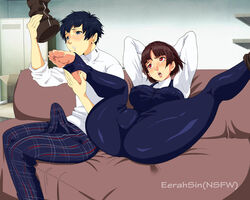 1boy 1girls arms_behind_head atlus big_feet boot_removed boots clothed eerahsin_(artist) erection erection_under_clothes feet foot_fetish hard_nipples large_breasts makoto_niijima persona persona_5 soles spread_legs toes yuuki_mishima