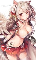 :3 animal_ears azur_lane bandages blonde_hair cleavage hair_flower inumimi komeshiro_kasu midriff navel pantsu red_eyes red_skirt sarashi skirt string_panties tail tattoo thighhighs yuudachi_(azur_lane)