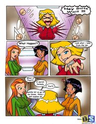 3girls alex_(totally_spies) bodysuit broken_english clover_(totally_spies) comic drawn-sex.com english_text female female_only multiple_girls sam_(totally_spies) speech_bubble text totally_spies ujinko