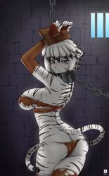 bind born_of_itheriont chains digital_media dungeon female female_focus female_only humanoid indoors jail_cell kawa-v looking_at_viewer miia_disain monster_girl not_furry prison prisoner ragged_clothing tagme torn_clothes white_fur white_hair