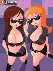 2girls adjusting_eyewear adjusting_glasses alternate_version_available baton belly belt big_breasts blue_eyes boots bra breasts brown_hair candace_flynn cleavage clothed clothing detailed_background disney duo eyebrows_visible_through_hair eyelashes eyeshadow female female_only glasses hair_between_eyes hair_over_shoulder half-closed_eyes hi_res holding_object jacket landidzu light-skinned_female light_skin long_hair looking_at_viewer looking_over_eyewear looking_over_sunglasses multiple_girls navel open_mouth orange_hair patreon patreon_username phineas_and_ferb police police_uniform policewoman revealing_clothes shiny_skin shorts skirt standing sunglasses sweat teeth thighs tinted_eyewear tongue vanessa_doofenshmirtz watermark zipper