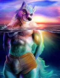 2021 abs anthro brown_nose bulge canid canine canis clothed clothing ear_piercing ear_ring eyebrows fur genital_outline hands_behind_back hi_res killianwalker looking_at_viewer male mammal multicolored_body multicolored_fur outside partially_submerged penis_outline piercing sea sky smile solo standing standing_in_water sun sunset swimming_trunks swimwear topless water white_body white_fur wolf yellow_eyes