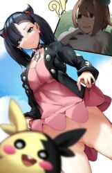 ass bad_censor black_hair blue_eyes blurry brown_eyes brown_hair censored covering covering_crotch creative_censorship female gloria_(pokemon) looking_down marnie_(pokemon) morpeko nintendo pokemon pokemon_ss sha_(amfil100) skirt_lift surprised tagme wet