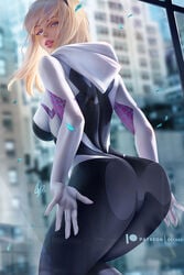 1girls against_glass against_surface ass ass_on_glass big_ass big_breasts blonde_hair blue_eyes clothed female female_only gwen_stacy hairband hand_on_glass large_breasts looking_at_viewer looking_back marvel olchas pussy_on_glass skin_tight solo spider-gwen spider-man:_into_the_spider-verse spider-man_(series) squish squished_ass superheroine