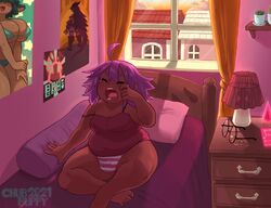 ahoge bed bedroom bulge chubbuppy chubby cute dari detailed_background glasses_removed original_character poster_(decoration) purple_hair shoripurin thighs underwear waking_up yawn