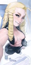 1futa areolae big_breasts breasts bulge clothed clothing curly_hair futa_only futanari gloves high-angle_view human ickleseed karin_kanzuki large_breasts light_skin looking_at_viewer pale_skin partially_clothed selfie solo standing street_fighter sweat