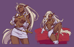 1girls 2021 areolae breasts clothing curvaceous dark-skinned_female dark_elf dark_skin elf elf_ears female female_only hi_res humanoid large_breasts long_hair melonpan nipples pirotess pointy_ears purple_background record_of_lodoss_war solo solo_female sword undressing weapon white_hair wide_hips