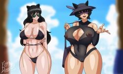 2022 bikini black_bikini black_hair blake_belladonna boob_window cat_ears faunus filthydungeons huge_breasts kali_belladonna large_breasts light_skin long_hair mother mother_and_daughter one-piece_swimsuit rwby sunglasses tan_skin thick_thighs tinted_eyewear