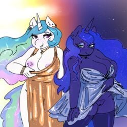 absurd_res alicorn anthro anthrofied areola big_breasts blue_body blue_hair blush bottomless bottomless_dress bottomless_skirt breasts chubby cleavage clothed clothing clothing_lift currentlytr_ash dress dress_lift duo ear_piercing ear_ring equid equine female flashing friendship_is_magic genitals hair hi_res horn legwear mammal multicolored_hair my_little_pony nipple_outline nipples no_underwear piercing princess_celestia_(mlp) princess_luna_(mlp) pussy sibling sister sisters skirt_lift thigh_highs upskirt white_body wings