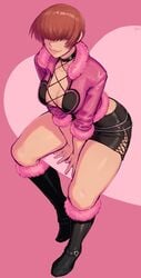 1girls boots choker clothing female female_only hair_between_eyes hair_over_eyes hi_res ittla king_of_fighters leaning_forward medium_hair red_hair shermie_(kof) shorts smiling snk solo solo_female thick_thighs