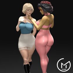 2girls 3d apex_legends ass big_ass big_breasts black_hair blonde_hair blue_eyes bob_cut breasts dark-skinned_female dat_ass female female_only gm_studios hand_on_another's_face interracial large_breasts latina loba_(apex_legends) looking_at_partner nail_polish red_hair seductive short_hair skirt tight_clothing tight_pants tubetop two_tone_hair wattson_(apex_legends) yuri