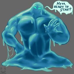 bara blue_skin corinoch goo goo_creature hand_on_penis holding_penis huge_balls huge_cock huge_penis hyper hyper_balls hyper_genitalia hyper_penis hyper_testicles male male_focus male_only muscle muscles precum precum_drip smile smiling smiling_at_viewer touching_penis