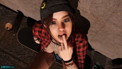 1girls 3d big_breasts blue_eyes breasts brown_hair capcom claire_redfield driigon female female_only finger_licking fishnets looking_at_viewer looking_up middle_finger pov public_exposure public_nudity punk resident_evil shorts skateboard skatepark skater solo solo_female tongue tongue_out