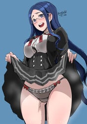 1girls black_panties blue_eyes blue_hair blush bra breasts butcha-u danganronpa from_below glasses large_breasts lifted_by_self long_hair looking_down panties pantyshot_(standing) pussy_juice shirogane_tsumugi skirt_lift smooth_skin upskirt