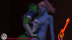 2d 3d alien alien_girl armor artist_name blue-skinned_female blue_hair blue_nipples blue_skin brick_wall clone_wars clothed duo facial_tattoo female female_only green_skin hair hand_on_leg happy looking_at_another medium_breasts medium_hair mirialan mohawk nipples nocturnastudios nude panties pantoran patreon pink_hair riyo_chuchi short_hair smile star_wars tattoo wall yuri