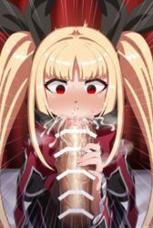 1boy 1girls ^^^ bangs bar_censor black_bow blazblue blonde_hair blunt_bangs bow breath cape censored cum cum_in_mouth cum_in_nose cum_on_penis emphasis_lines fellatio female fingernails hairbow highres large_penis long_fingernails mizumizuni penis rachel_alucard red_bow red_eyes ringed_eyes twintails veins veiny_penis wide-eyed