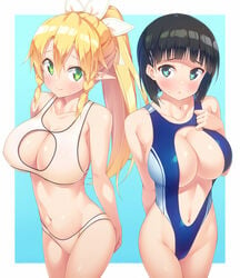 2girls alternate_costume aqua_eyes bikini black_hair blonde_hair blue_eyes blush braid braided_hair breasts cleavage cleavage_cutout clothing_cutout collarbone dual_persona elf green_eyes groin hair_between_eyes hair_ornament hairclip hand_on_own_chest hi_res high_ponytail high_resolution highres ichi_makoto kazuma_(kazumav) kirigaya_suguha large_breasts leafa long_hair looking_at_viewer multiple_girls multiple_persona navel one-piece_swimsuit pointy_ears ponytail short_hair skindentation smile sweatdrop swimsuit sword_art_online twin_braids yellow_hair