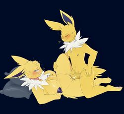 anthro areola big_breasts big_penis blush bodily_fluids breasts collar conditional_dnp digitigrade domination draco_(artist) duo eeveelution female fur genital_fluids genitals good_girl hand_on_hip hi_res huge_cock jolteon looking_pleasured lying male male/female male_domination navel nintendo nipples on_back penis pillow pokémon_(species) pokemon pussy pussy_juice smile stomach_bulge submissive submissive_female sweat thick_thighs video_games yellow_body yellow_fur