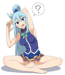 ? aqua_(konosuba) aqua_eyes aqua_hair feet kono_subarashii_sekai_ni_shukufuku_wo! no_panties no_underwear salpin sitting skirt