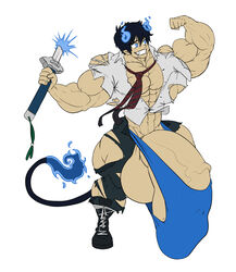 1boy bara big_balls big_penis black_hair blue blue_exorcist blue_eyes bulge chocomus fire flames flexing flexing_bicep gay huge_bulge human hyper hyper_balls hyper_bulge hyper_genitalia hyper_penis hyper_testicles male male_only muscle muscles muscular muscular_arms muscular_back muscular_legs muscular_male muscular_thighs smile solo sword tail tie torn_clothes torn_clothing torn_pants torn_shirt underwear underwear_bulge veins veiny_penis yaoi