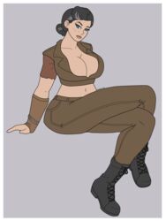 1girls athorment big_breasts black_hair blue_eyes cleavage crossed_legs female female_only looking_at_viewer milf military military_uniform pinup pinup_pose scar solo solo_female solo_focus tagme vera_(begone_bots) wide_hips