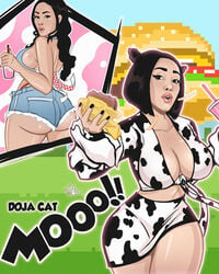 1girls alternate_breast_size ass big_ass big_breasts booty_shorts breasts burger celebrity cleavage cow_girl cow_print doja_cat female female_only french_fries hamburger large_breasts looking_at_viewer looking_back milkshake real_person singer skirt solo terryalec topless