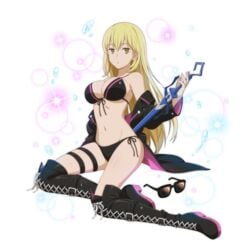 aiz_wallenstein alternate_costume bikini blonde_hair boots breasts danmemo dungeon_ni_deai_wo_motomeru_no_wa_machigatteiru_darou_ka female full_body holding_object holding_weapon jacket long_hair swimsuit sword weapon white_skin yellow_eyes