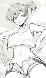 :3 abs big_breasts blush breasts huge_breasts kasumi_(pokemon) large_breasts legs monochrome pokemon pokemon_rgby pussy shirt short_hair short_shorts shorts suspenders toshiyuki vagina