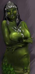 blue_eyes cum cum_on_breasts excessive_cum furry green_scales green_skin headdress huge_areolae huge_breasts lactation lactation_without_expressing lamia milf milk monster_girl naga scales sharp_teeth snake snake_girl snake_tongue sunday sundaynoches