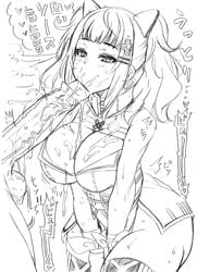 ando_hiroyuki big_breasts big_penis cat_ears cleavage curvy fellatio kaguya_luna monochrome short_hair sketch the_moon_studio thick_thighs twintails uncensored virtual_youtuber wide_eyed