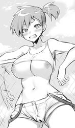 :3 abs big_breasts blush breasts huge_breasts kasumi_(pokemon) large_breasts legs monochrome nipples pokemon pokemon_rgby pussy shirt short_hair short_shorts shorts suspenders toshiyuki vagina