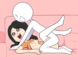 1boy 1girls black_hair blush blushing breasts bunnimation couch couch_sex cute half-dressed half_naked heart-shaped_pupils miscon nipples penetration pink_background sex socks stockings tagme tongue_out