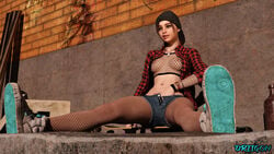 1girls 3d big_breasts breasts brown_hair claire_redfield clothed_masturbation clothing driigon female female_only fishnets high_top_sneakers masturbation medium_breasts pantyhose public_exposure public_masturbation public_nudity punk resident_evil skatepark skater solo