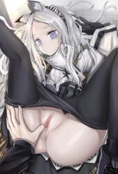 animal_ear_fluff animal_ears anus arknights bangs black_gloves black_legwear blue_eyes censored closed_mouth clothes_pull coat female gloves hairband heavyrain_(arknights) highres long_hair long_sleeves looking_at_viewer lying messy_hair nopetroto on_back pantyhose pantyhose_pull parted_bangs pussy pussy_juice sidelocks solo_focus spread_legs spread_pussy thighs white_coat white_hair wide_sleeves zebra_ears