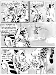 2girls anthro comic dancing duo english_text felid female interview k'sharra ksharra mammal mephitid multiple_girls pantherine pole pole_dancing skunk stripper_pole tail tiger upside-down zig_zag