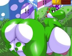 1futa anthro areola ass balls big_breasts big_butt breasts dinosaur fur futanari genitals green_body green_yoshi gynomorph hi_res huge_breasts intersex itisjoidok looking_at_viewer looking_back mario_(series) multicolored_body multicolored_fur nintendo nipples non-mammal_breasts nude outside penis presenting presenting_hindquarters rear_view reptile scalie solo super_mario_bros. video_games warp_pipe white_body wide_hips yoshi